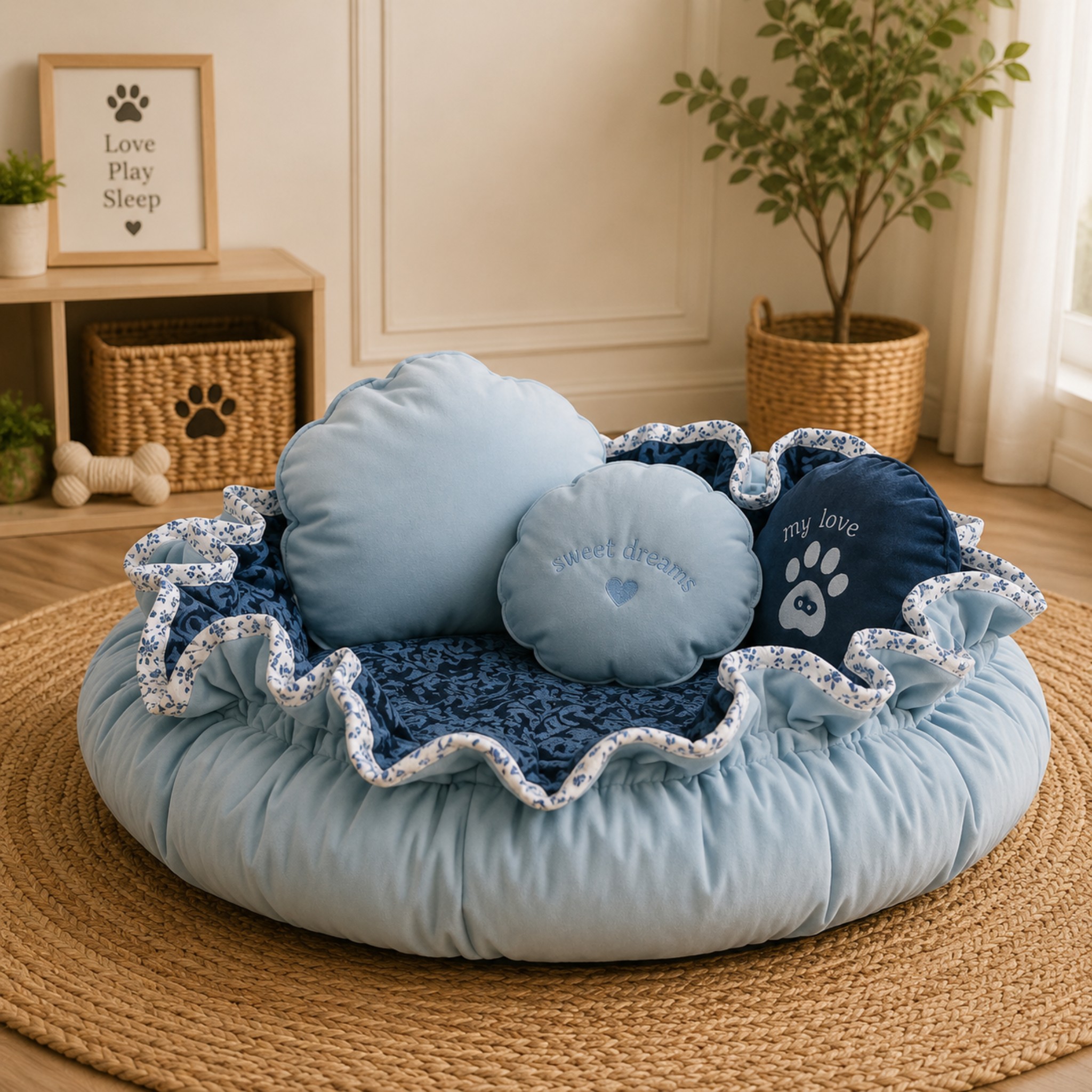 Cuccia Rotonda Lusso Double Face Velluto Blu per Cani